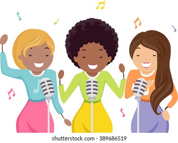 Stickman Illustration Of Girls In Vintage Clothing Working As Backup Singers