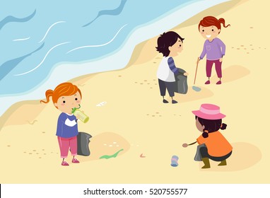 Stickman Illustration of a Group of Preschool Kids Picking Up Trash Scattered Along the Shore