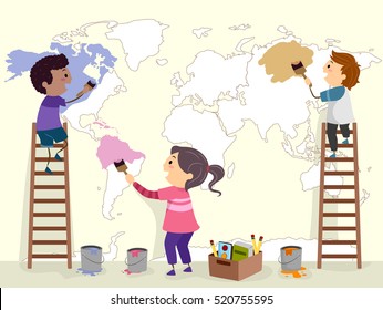 Stickman Illustration of a Group of Preschool Kids Painting a Map of the World on a Wall