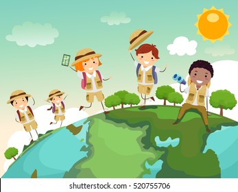 Stickman Illustration of a Group of Preschool Kids in Safari Uniforms Walking All Over a Globe