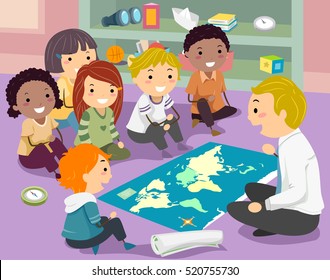 Stickman Illustration of a Group of Preschool Kids Listening to Their Geography Teacher