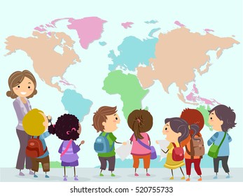 Stickman Illustration of a Group of Preschool Kids Observing a Giant World Map