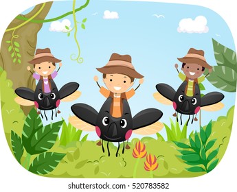 Stickman Illustration of a Group of Preschool Kids Riding Giant Beetles in a Rainforest