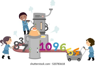 Stickman Illustration of a Group of Preschool Kids Manufacturing Numbers at a Factory