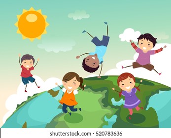 Stickman Illustration of a Group of Preschool Kids Playing on Top of a Globe