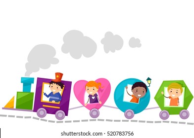 Stickman Illustration Of A Group Of Preschool Kids Riding Train Coaches Of Different Shapes