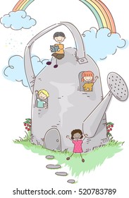 Stickman Illustration of a Group of Preschool Kids Hanging Around a House Shaped Like a Watering Can