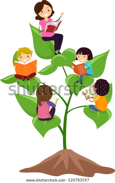 Stickman Illustration of a Group of Preschool Kids Reading Books While Sitting on Giant Leaves