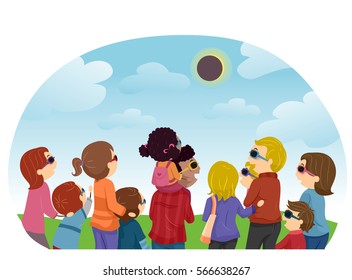 Stickman Illustration of Groups of Families Watching a Solar Eclipse Together