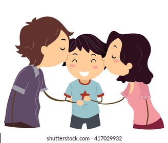 Stickman Illustration of Husband and Wife Kissing Their Son