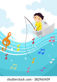 Stickman Illustration of a Kid Boy Fishing for a Musical Note