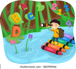 Stickman Illustration of a Kid Boy Spotting Letters and Numbers While on a River Adventure