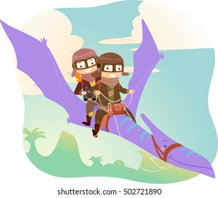 Stickman Illustration of Kids in Aviator Jacket and Glasses Riding a Pterodactyl