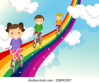 Stickman Illustration of Kids Biking Along a Rainbow