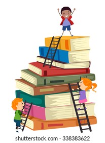 Stickman Illustration Of Kids Climbing A Tall Stack Of Books