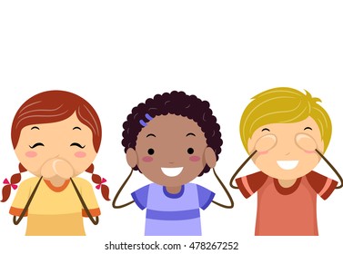 Stickman Illustration of Kids Covering Their Eyes, Ears, and Mouth