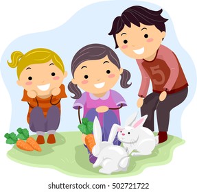 Stickman Illustration of Kids in a Farm Happily Feeding a Pair of Rabbits with Carrots