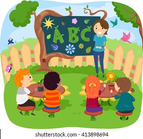Stickman Illustration of Kids Having Their Class in the Garden
