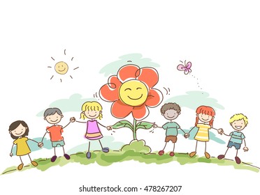 Stickman Illustration of Kids Holding Hands with a Giant Flower