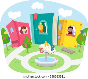 Stickman Illustration of Kids Living in a Neighborhood with Houses Made of Books