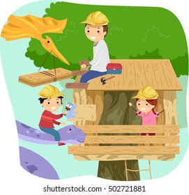 Stickman Illustration of Kids Making a Tree House with the Help of Their Dad and a Large Purple Dinosaur