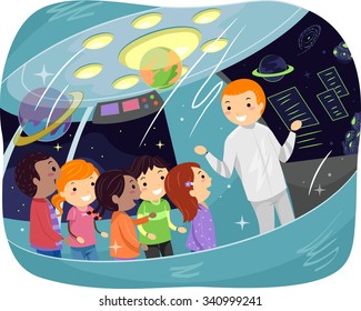 Stickman Illustration of Kids on an Educational Tour Listening to a Space Lecture