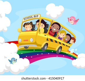 Stickman Illustration of Kids on a School Bus Riding Over the Rainbow