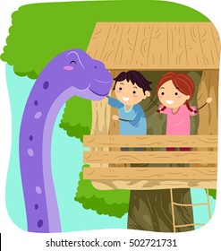 Stickman Illustration of Kids Petting a Giant Purple Dinosaur from a Tree House