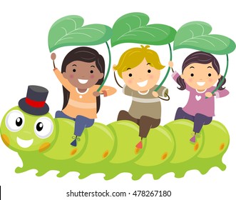 Stickman Illustration of Kids Playfully Riding a Caterpillar