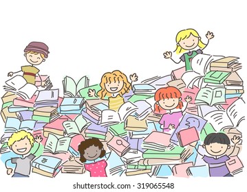 Stickman Illustration of Kids Playing Around a Big Pile of Books