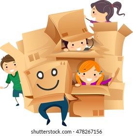 Stickman Illustration of Kids Playing with Cardboard Boxes