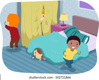 Stickman Illustration of Kids Playing a Game of Hide and Seek in the Bedroom