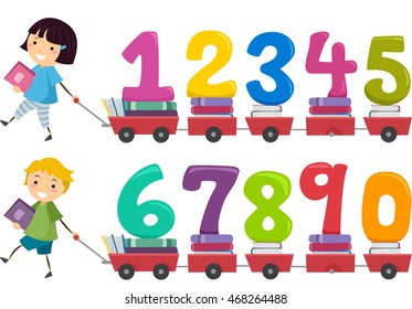 Stickman Illustration Of Kids Pulling A Cart Carrying Numbers