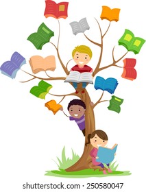 Stickman Illustration of Kids Reading Books Growing Off a Tree