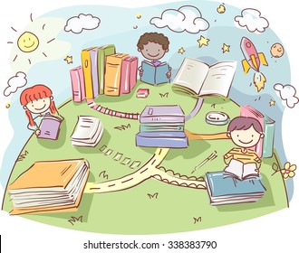 Stickman Illustration of Kids Reading Books on the Top of the World