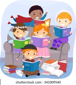 Stickman Illustration of Kids Reading Fantasy Books