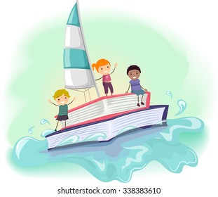 Stickman Illustration of Kids Riding a Boat Made from a Book