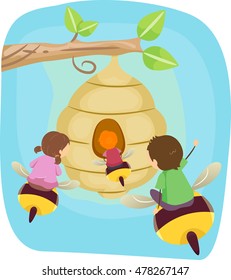 Stickman Illustration of Kids Riding Giant Bees to Get to a Beehive