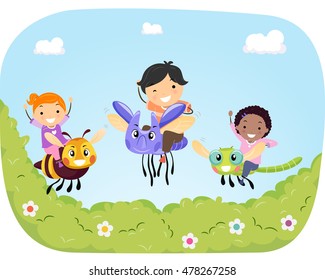 Stickman Illustration of Kids Riding Giant Bugs Flying Over a Garden