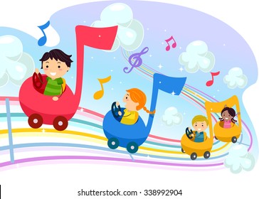 Stickman Illustration of Kids Riding Music Notes Shaped Cars