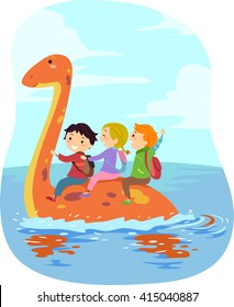 Stickman Illustration of Kids Riding an Orange Dinosaur