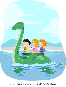 Stickman Illustration of Kids Riding a Plesiosaur