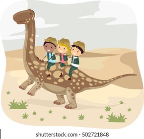 Stickman Illustration of Kids in Safari Uniform Riding an Argentinosaurus Through the Desert