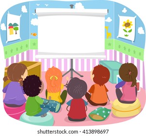 Stickman Illustration of Kids Sitting in Front of a Projector