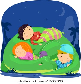 Stickman Illustration of Kids Sleeping on a Dinosaur