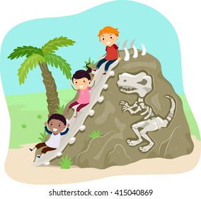 Stickman Illustration of Kids Sliding Down a Rock with Fossils Embedded on It