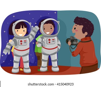 Stickman Illustration of Kids Trying Out Astronaut Standees