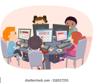 Stickman Illustration of Kids Using Computers