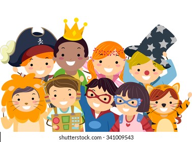 Stickman Illustration of Kids in Wacky Costumes Taking a Group Photo