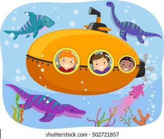 Stickman Illustration of Kids Watching Marine Animals from a Tiny Submarine